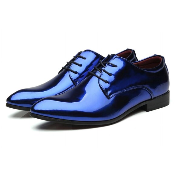 Santimon Men's US 11 Patent Leather Shiny Blue Oxford Shoes Pointed Toe Lace Up - Picture 1 of 11